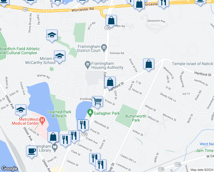 map of restaurants, bars, coffee shops, grocery stores, and more near 499 Concord Street in Framingham
