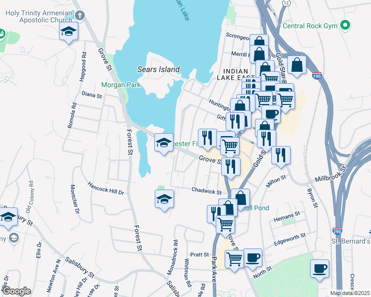 map of restaurants, bars, coffee shops, grocery stores, and more near 488 Grove Street in Worcester