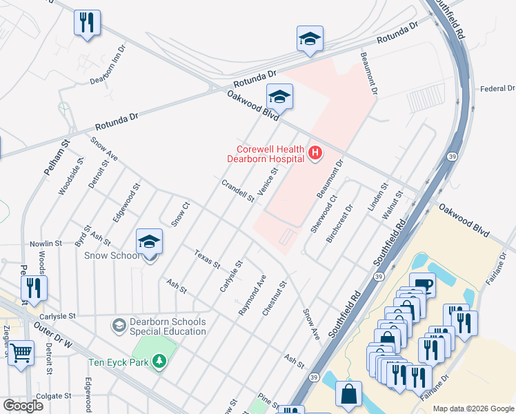 map of restaurants, bars, coffee shops, grocery stores, and more near 1705 Venice Street in Dearborn