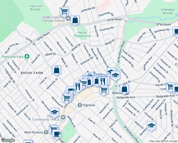 map of restaurants, bars, coffee shops, grocery stores, and more near 71 Redlands Road in Boston