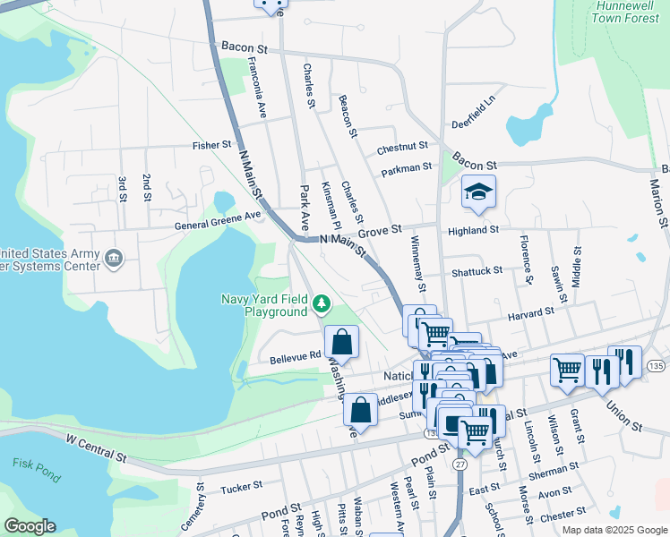 map of restaurants, bars, coffee shops, grocery stores, and more near 82 North Main Street in Natick