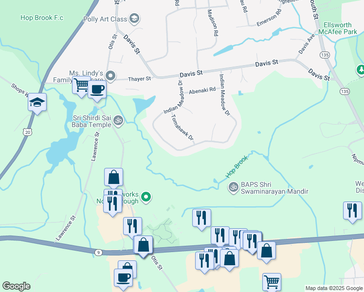 map of restaurants, bars, coffee shops, grocery stores, and more near 114 Indian Meadow Drive in Northborough