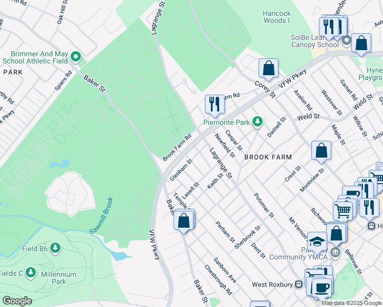 map of restaurants, bars, coffee shops, grocery stores, and more near 860 VFW Parkway in Boston