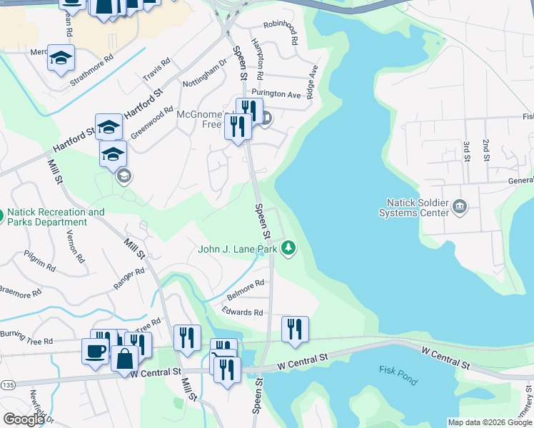 map of restaurants, bars, coffee shops, grocery stores, and more near 188 Speen Street in Natick