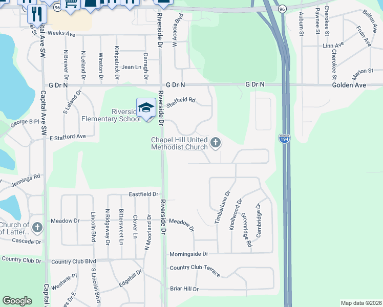 map of restaurants, bars, coffee shops, grocery stores, and more near 134 Chapel Hill Drive in Battle Creek
