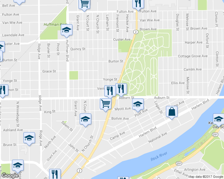 map of restaurants, bars, coffee shops, grocery stores, and more near 1316 Vernon Street in Rockford