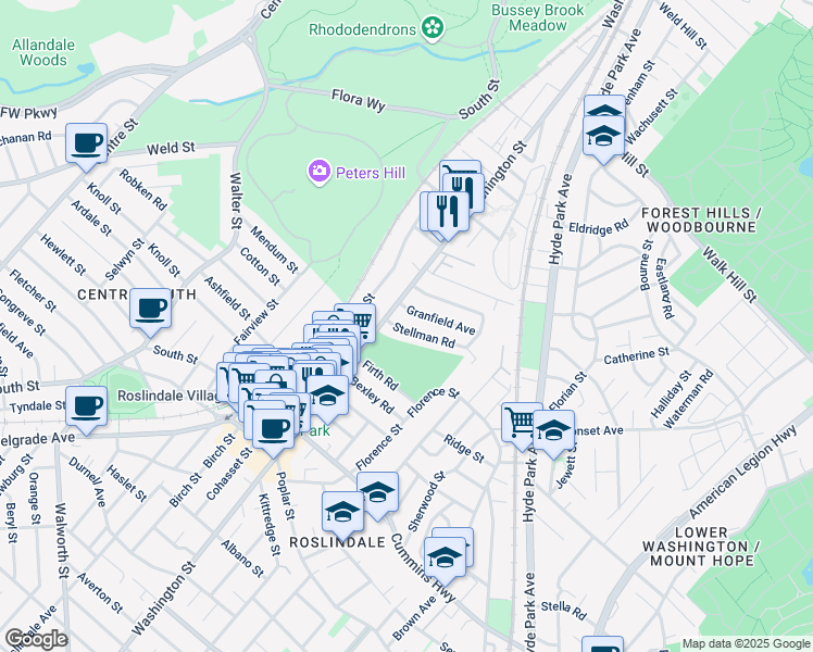map of restaurants, bars, coffee shops, grocery stores, and more near 16 Stellman Road in Boston