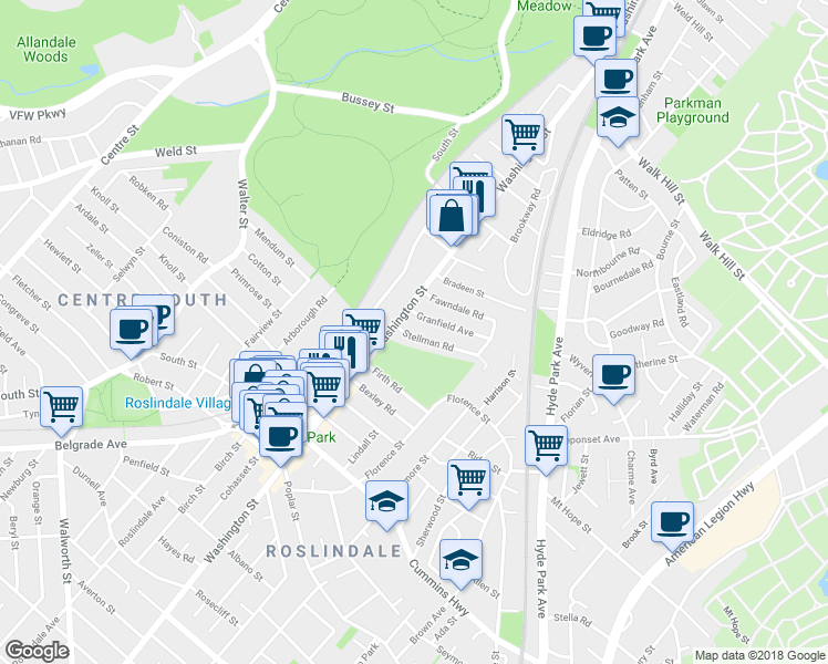 map of restaurants, bars, coffee shops, grocery stores, and more near 16 Stellman Road in Boston