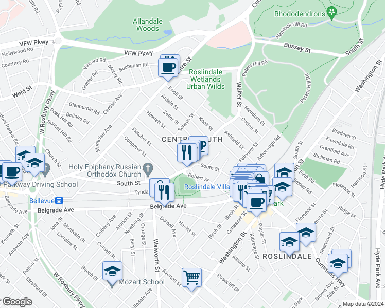 map of restaurants, bars, coffee shops, grocery stores, and more near 17 Hewlett Street in Boston