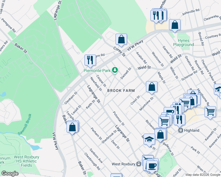 map of restaurants, bars, coffee shops, grocery stores, and more near 34 Addington Road in Boston
