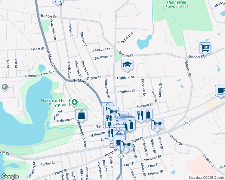 map of restaurants, bars, coffee shops, grocery stores, and more near 17 Winnemay Street in Natick