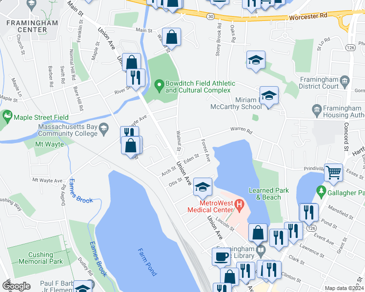 map of restaurants, bars, coffee shops, grocery stores, and more near 3 Warren Road in Framingham