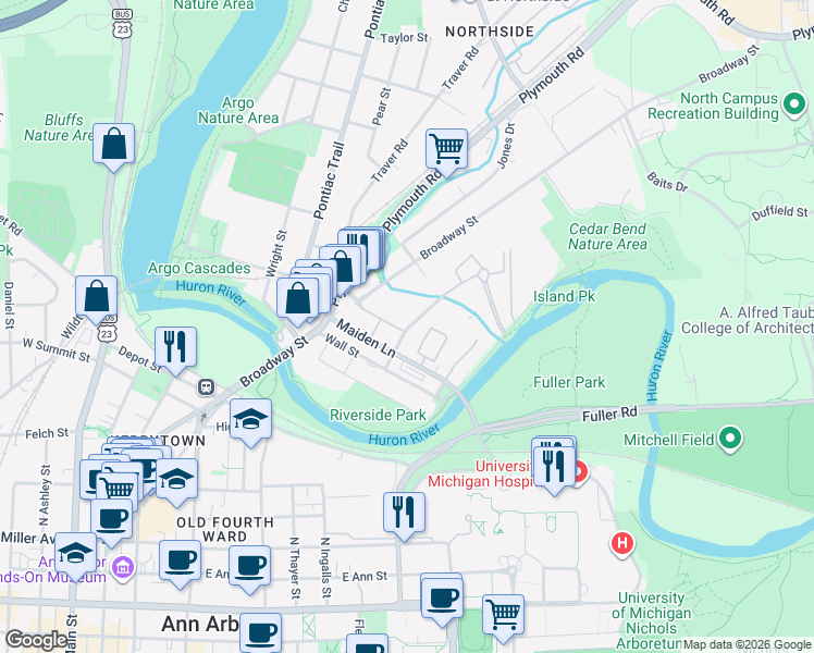map of restaurants, bars, coffee shops, grocery stores, and more near 959 Maiden Lane in Ann Arbor