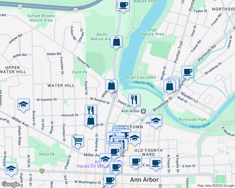 map of restaurants, bars, coffee shops, grocery stores, and more near 912 North Main Street in Ann Arbor