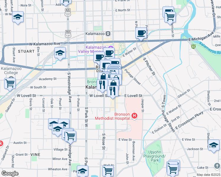 map of restaurants, bars, coffee shops, grocery stores, and more near 315 South Rose Street in Kalamazoo