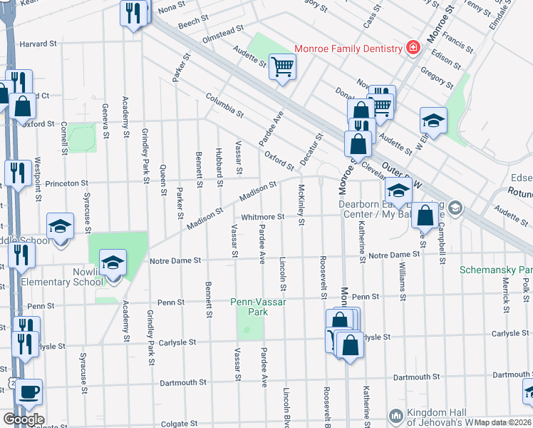 map of restaurants, bars, coffee shops, grocery stores, and more near 3081 Pardee Avenue in Dearborn