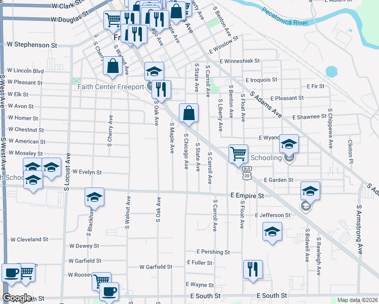 map of restaurants, bars, coffee shops, grocery stores, and more near 1031 South Chicago Avenue in Freeport
