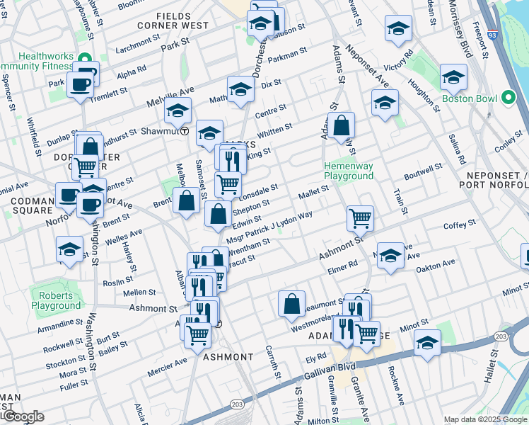 map of restaurants, bars, coffee shops, grocery stores, and more near 38 Edwin Street in Boston