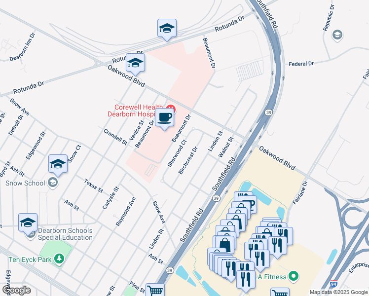 map of restaurants, bars, coffee shops, grocery stores, and more near 1533 Sherwood Court in Dearborn