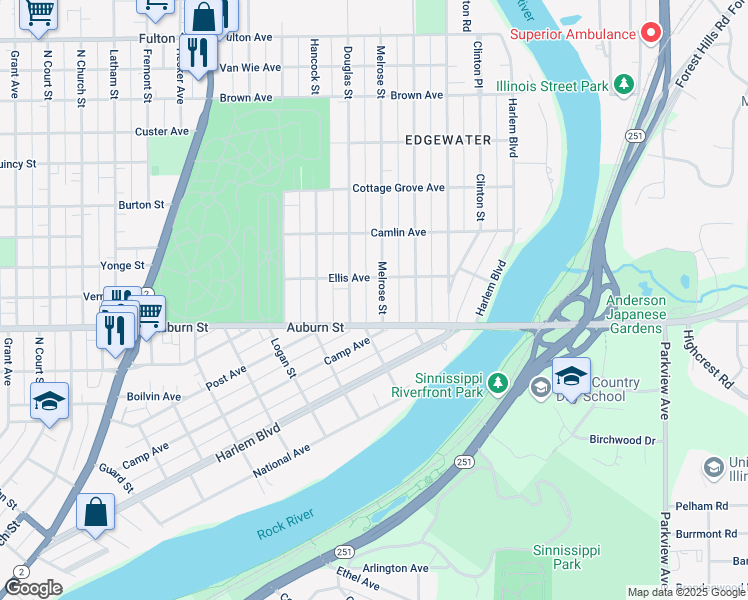 map of restaurants, bars, coffee shops, grocery stores, and more near 1720 Melrose St in Rockford