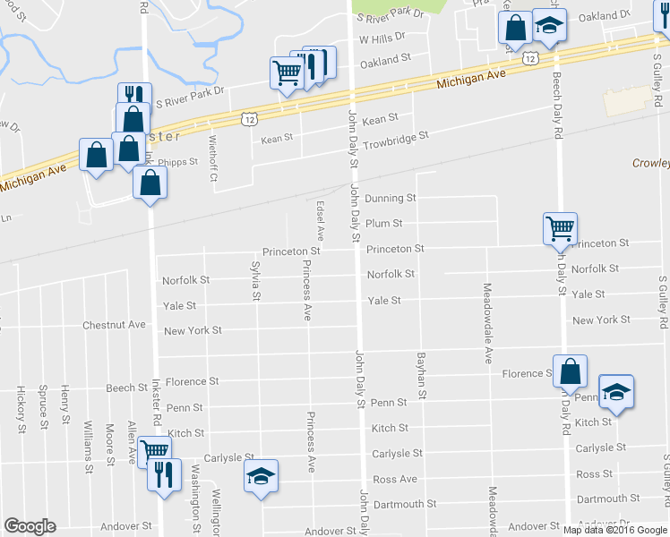 map of restaurants, bars, coffee shops, grocery stores, and more near 26652 Norfolk Street in Inkster