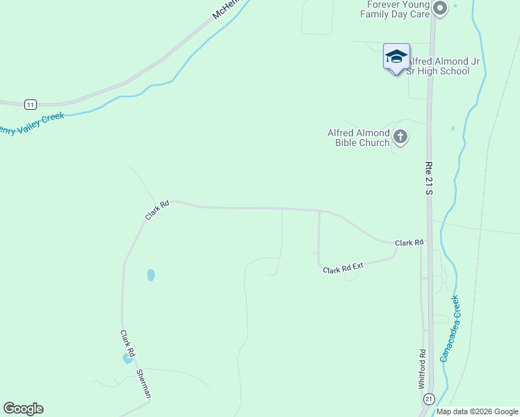 map of restaurants, bars, coffee shops, grocery stores, and more near Clark Road Extension in Alfred Station