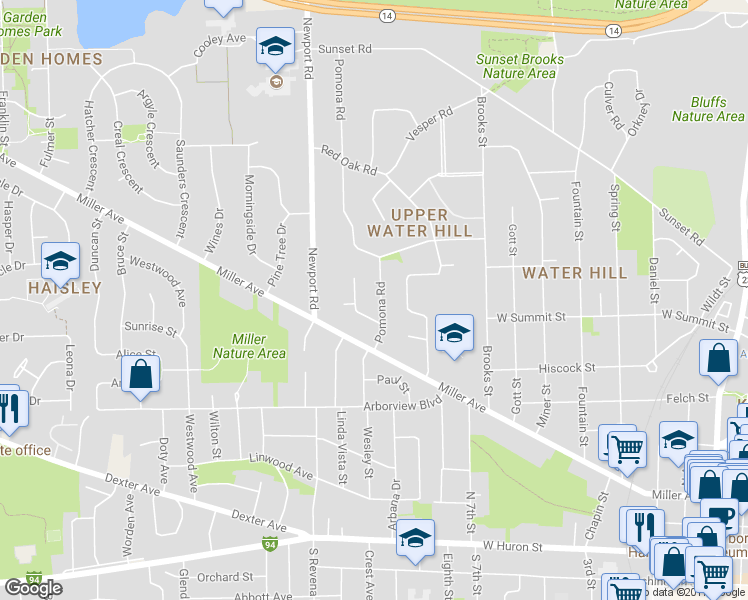 map of restaurants, bars, coffee shops, grocery stores, and more near 823 Pomona Road in Ann Arbor