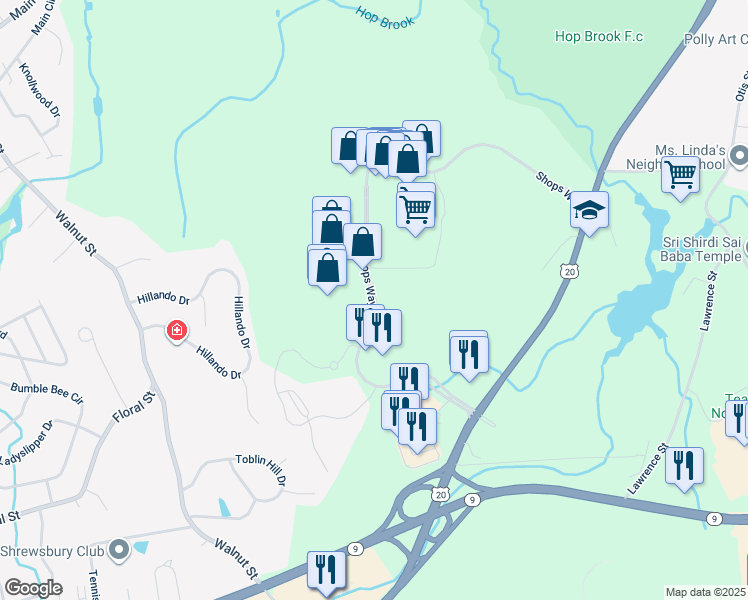 map of restaurants, bars, coffee shops, grocery stores, and more near Shops Way in Northborough