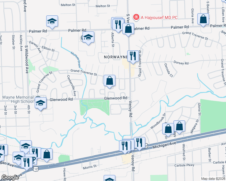 map of restaurants, bars, coffee shops, grocery stores, and more near 33110 Armada Court in Westland
