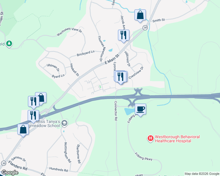 map of restaurants, bars, coffee shops, grocery stores, and more near 1 Windsor Ridge Drive in Westborough