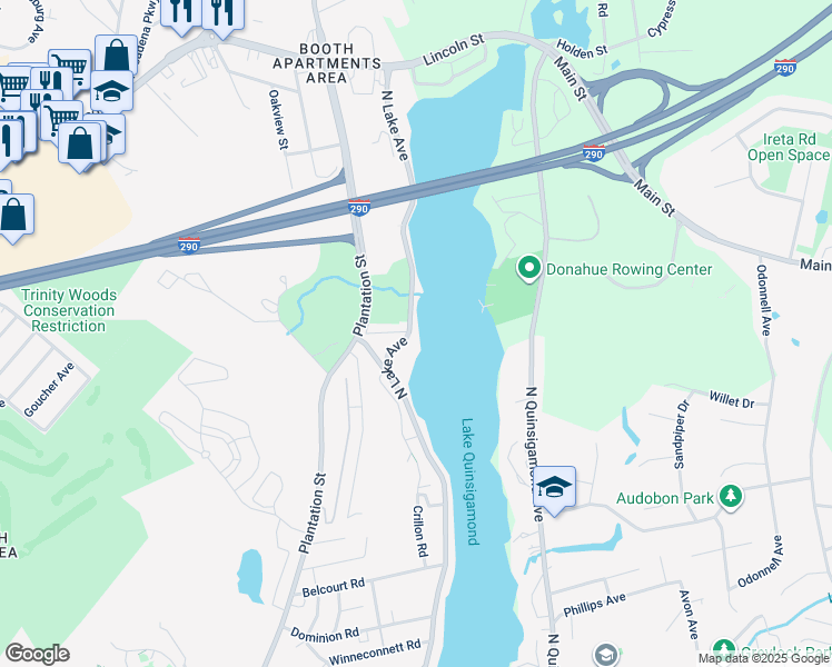 map of restaurants, bars, coffee shops, grocery stores, and more near 340 North Lake Avenue in Worcester