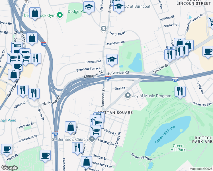 map of restaurants, bars, coffee shops, grocery stores, and more near 41 Burncoat Street in Worcester