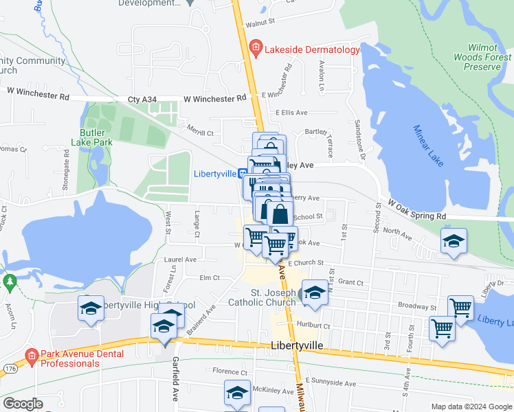 map of restaurants, bars, coffee shops, grocery stores, and more near 125 Lake St in Libertyville