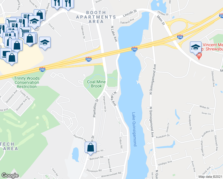 map of restaurants, bars, coffee shops, grocery stores, and more near Teconnett Path in Worcester