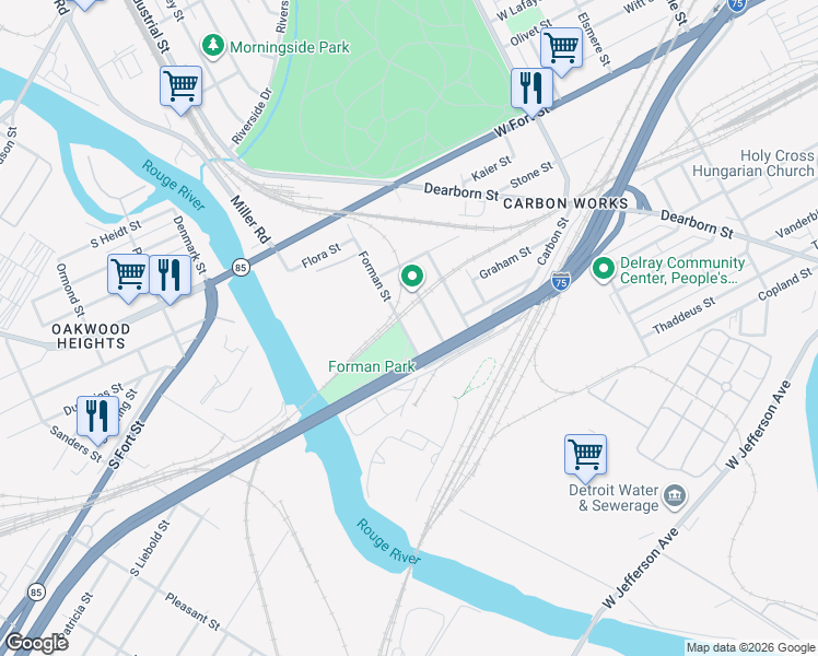 map of restaurants, bars, coffee shops, grocery stores, and more near 125 South Forman Street in Detroit