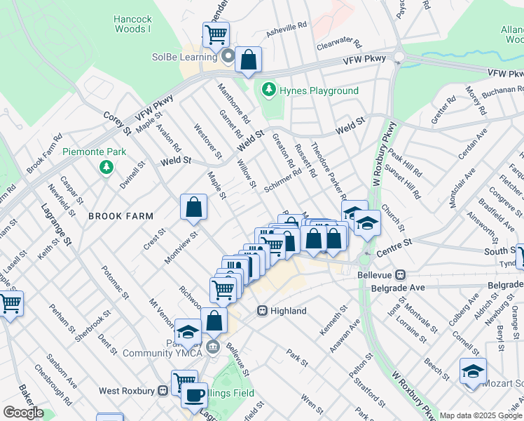 map of restaurants, bars, coffee shops, grocery stores, and more near 3 Emelia Terrace in Boston
