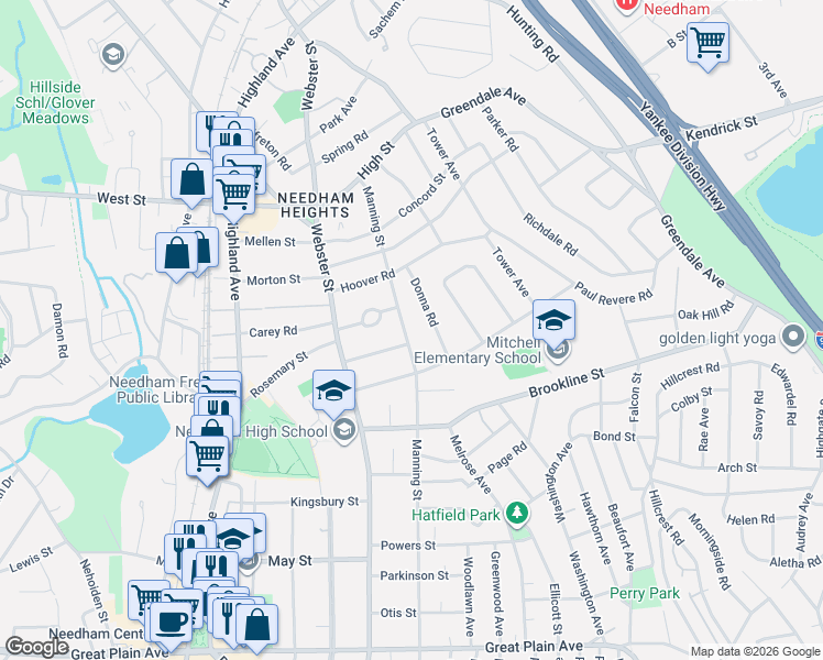 map of restaurants, bars, coffee shops, grocery stores, and more near 57 Donna Road in Needham