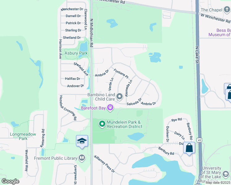map of restaurants, bars, coffee shops, grocery stores, and more near 1600 Valencia Way in Mundelein