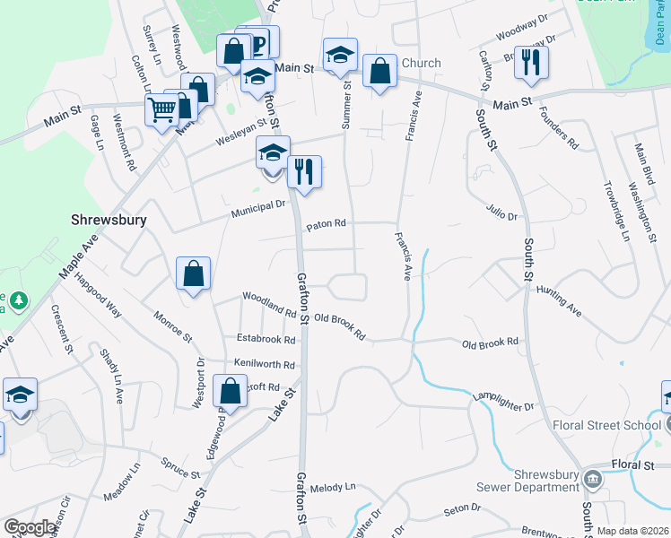 map of restaurants, bars, coffee shops, grocery stores, and more near 70 Eastwood Road in Shrewsbury