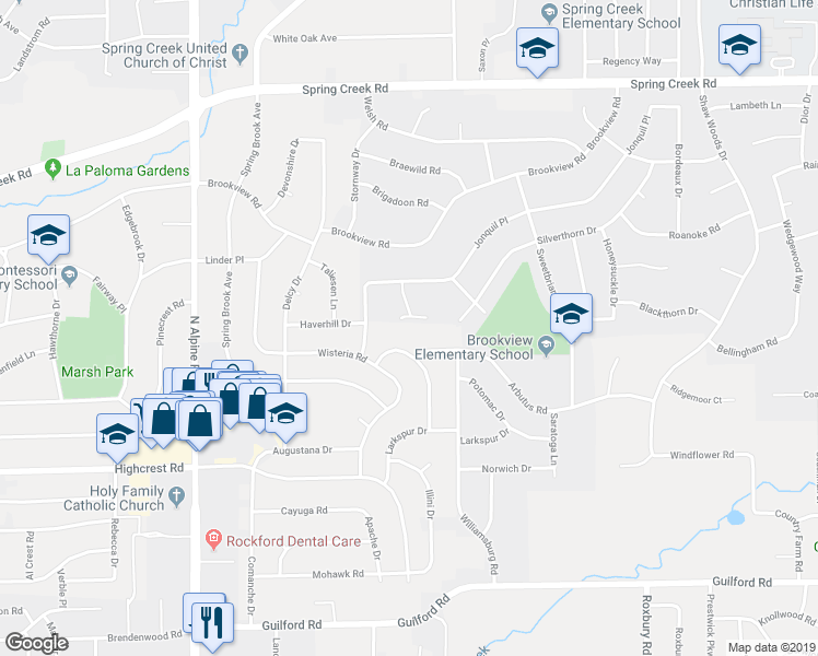 map of restaurants, bars, coffee shops, grocery stores, and more near 1810 Jonquil Circle in Rockford
