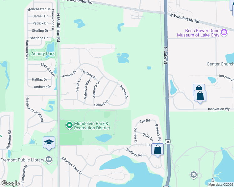 map of restaurants, bars, coffee shops, grocery stores, and more near 541 Salceda Lane in Mundelein