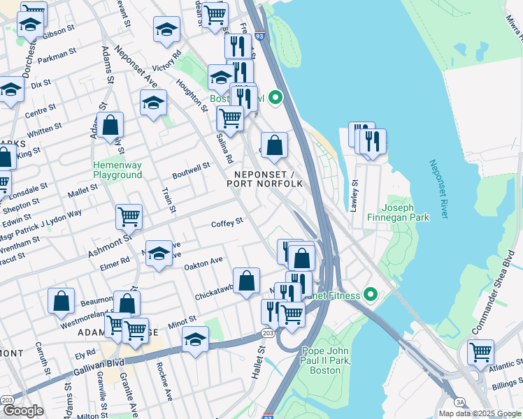 map of restaurants, bars, coffee shops, grocery stores, and more near 9 McKone Street in Boston