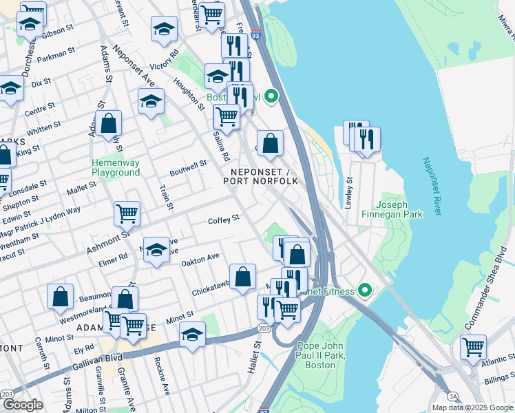 map of restaurants, bars, coffee shops, grocery stores, and more near 9 McKone Street in Boston