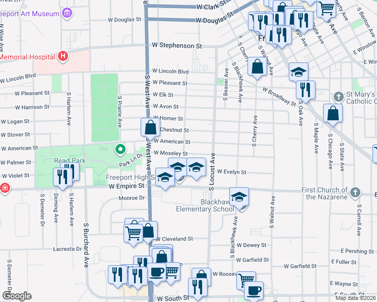 map of restaurants, bars, coffee shops, grocery stores, and more near 650 West Moseley Street in Freeport