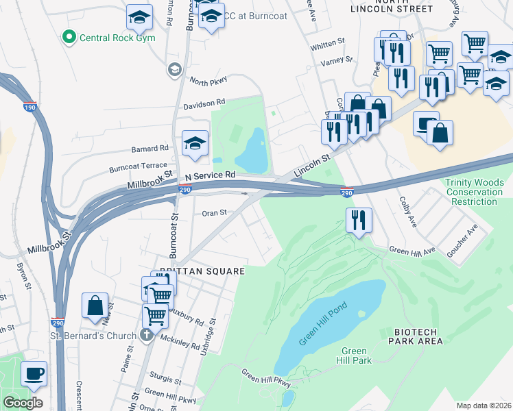 map of restaurants, bars, coffee shops, grocery stores, and more near 1 Dixon Avenue in Worcester