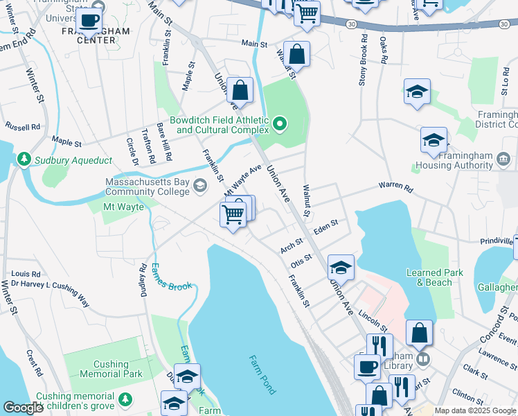 map of restaurants, bars, coffee shops, grocery stores, and more near 11R Stevens Road in Framingham