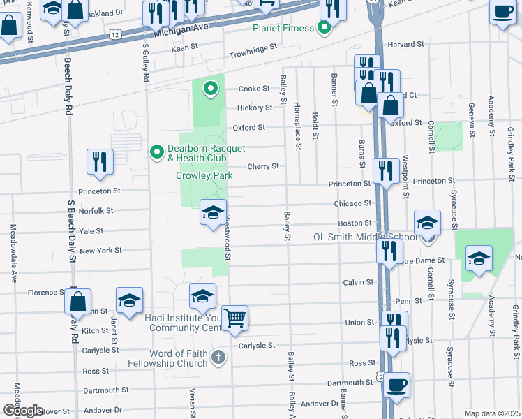 map of restaurants, bars, coffee shops, grocery stores, and more near 24731 Chicago Street in Dearborn