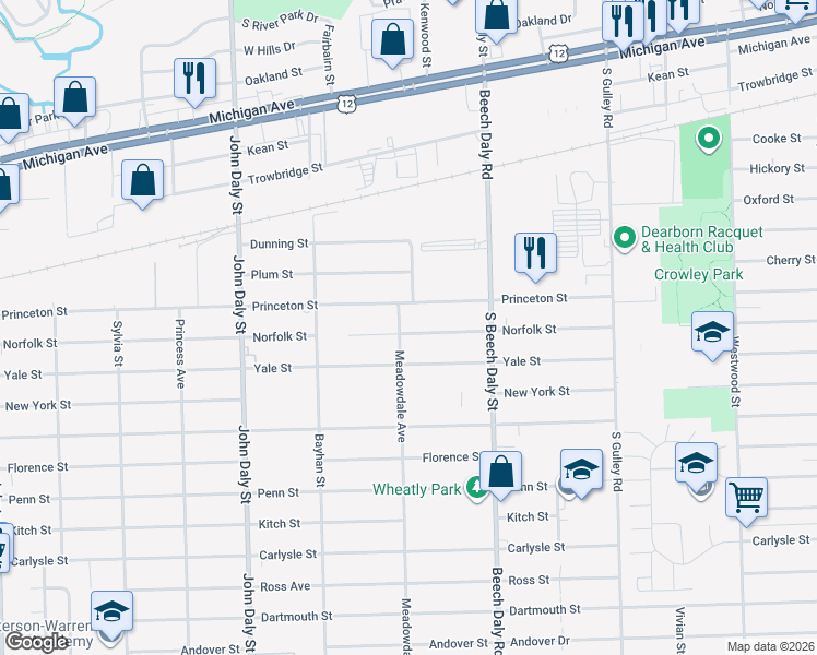 map of restaurants, bars, coffee shops, grocery stores, and more near 26080 Norfolk Street in Inkster