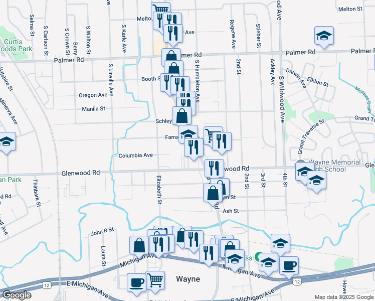 map of restaurants, bars, coffee shops, grocery stores, and more near 2602 South Wayne Road in Westland