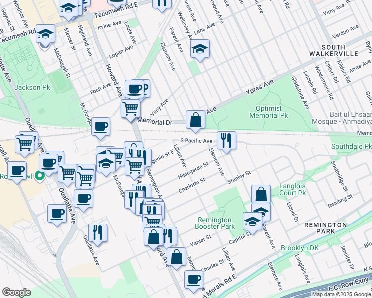 map of restaurants, bars, coffee shops, grocery stores, and more near 725 Eugenie Street East in Windsor